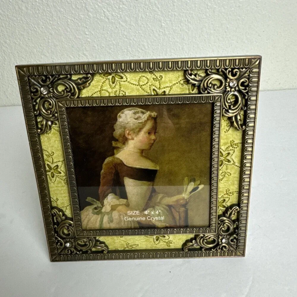 NEW Heavy Bronze Metal Ornate Picture Frame GENUINE CRYSTAL 6